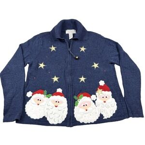 Tiara International Cardigan Sweater Women's Large Full Zip Christmas Santa‎